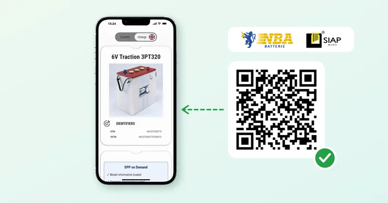 The Digital Product Passport of the SIAP 6V Traction 3PT320 battery on a smartphone, opened from its serialized QR code, with the NBA Batterie and SIAP logos