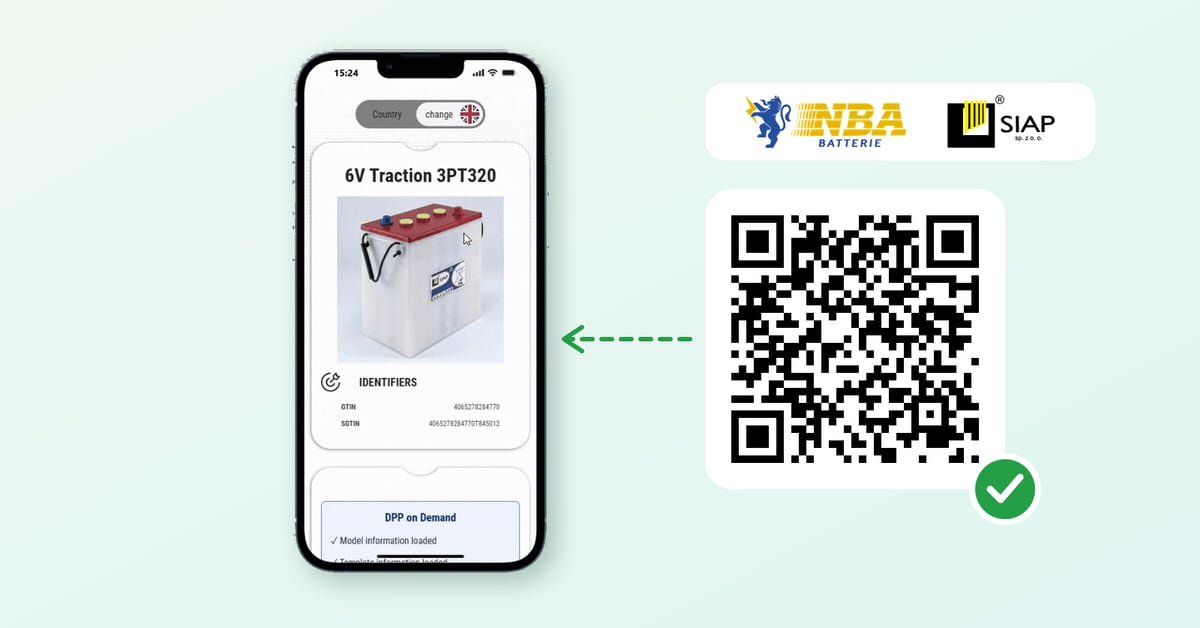 The Digital Product Passport of the SIAP 6V Traction 3PT320 battery on a smartphone, opened from its serialized QR code, with the NBA Batterie and SIAP logos
