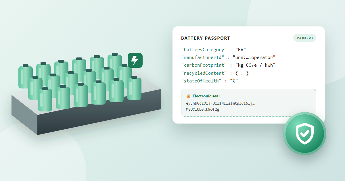 Bloc-batterie à côté d'un enregistrement de passeport de batterie au format JSON, scellé par un cachet électronique et un badge de vérification
