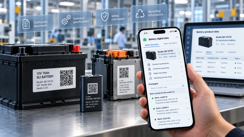 SLI, portable and industrial batteries carrying model-level QR codes, next to a smartphone showing the model's digital data and a search for its production batches
