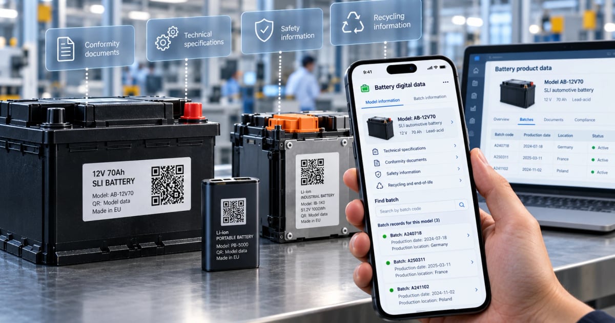 SLI, portable and industrial batteries carrying model-level QR codes, next to a smartphone showing the model's digital data and a search for its production batches
