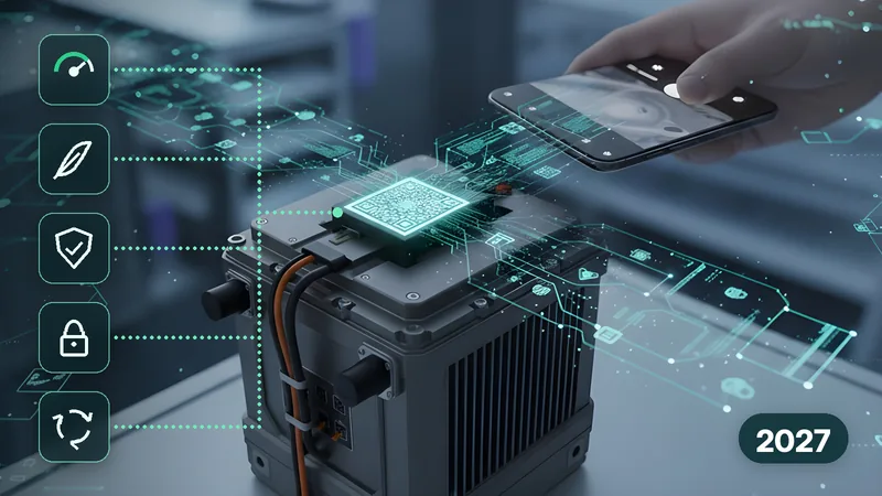 Battery module with a glowing QR code scanned by a smartphone, linked to icons for state of health, carbon footprint, responsible sourcing, access rights and second life, and the year 2027