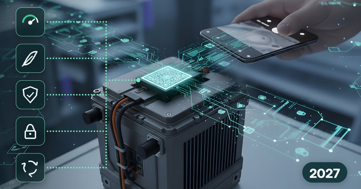 Battery module with a glowing QR code scanned by a smartphone, linked to icons for state of health, carbon footprint, responsible sourcing, access rights and second life, and the year 2027
