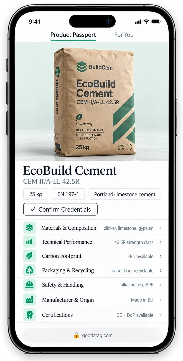Example of a cement Digital Product Passport on a smartphone, with sample data