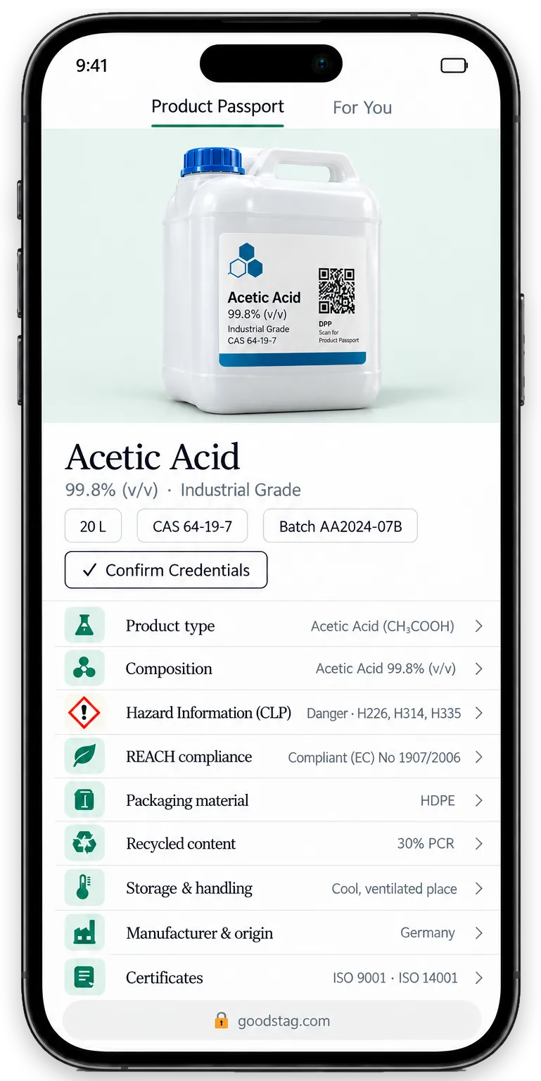 Example of an acetic acid Digital Product Passport on a smartphone, with sample data