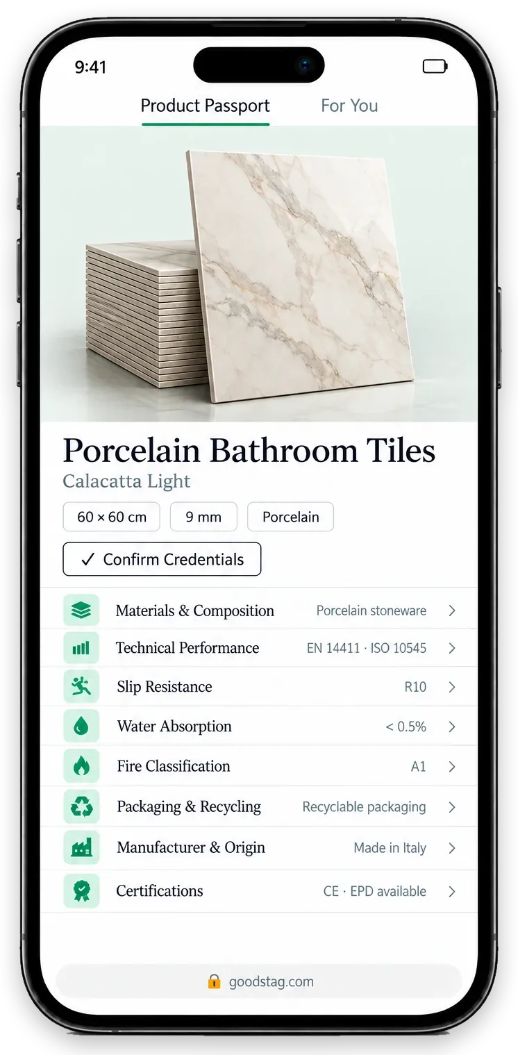 Example of a porcelain tile Digital Product Passport on a smartphone, with sample data