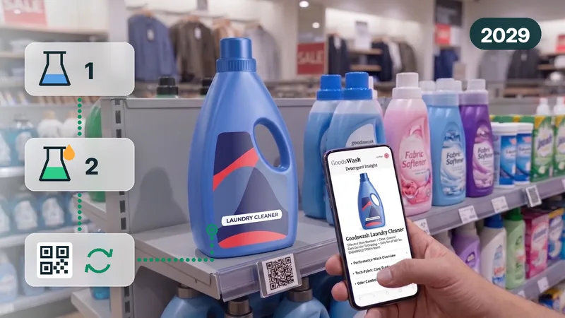 Detergent bottle on a store shelf, linked to two versions of a formulation flask and a QR code with refresh arrows, with the year 2029