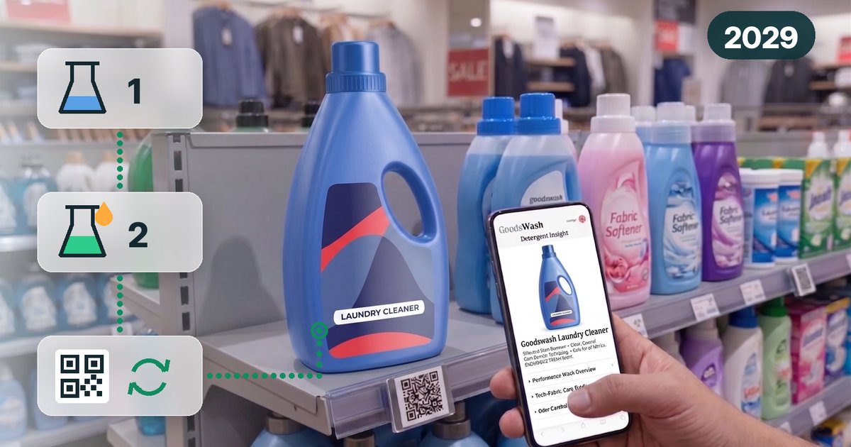 Detergent bottle on a store shelf, linked to two versions of a formulation flask and a QR code with refresh arrows, with the year 2029