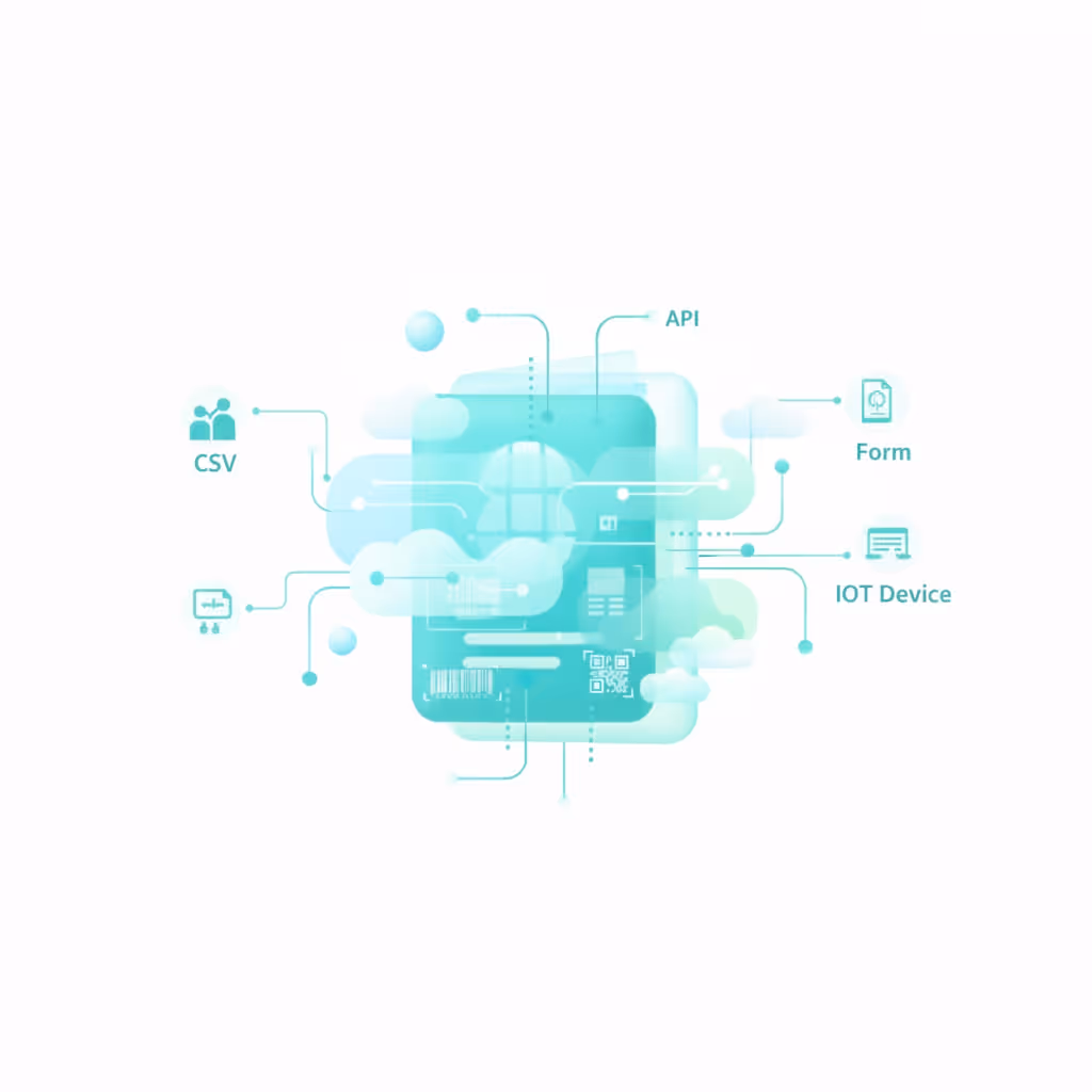 Abstract digital connectivity illustration showing a central smartphone connected to CSV, API, Form, and IoT Device icons with cloud and data flow elements.