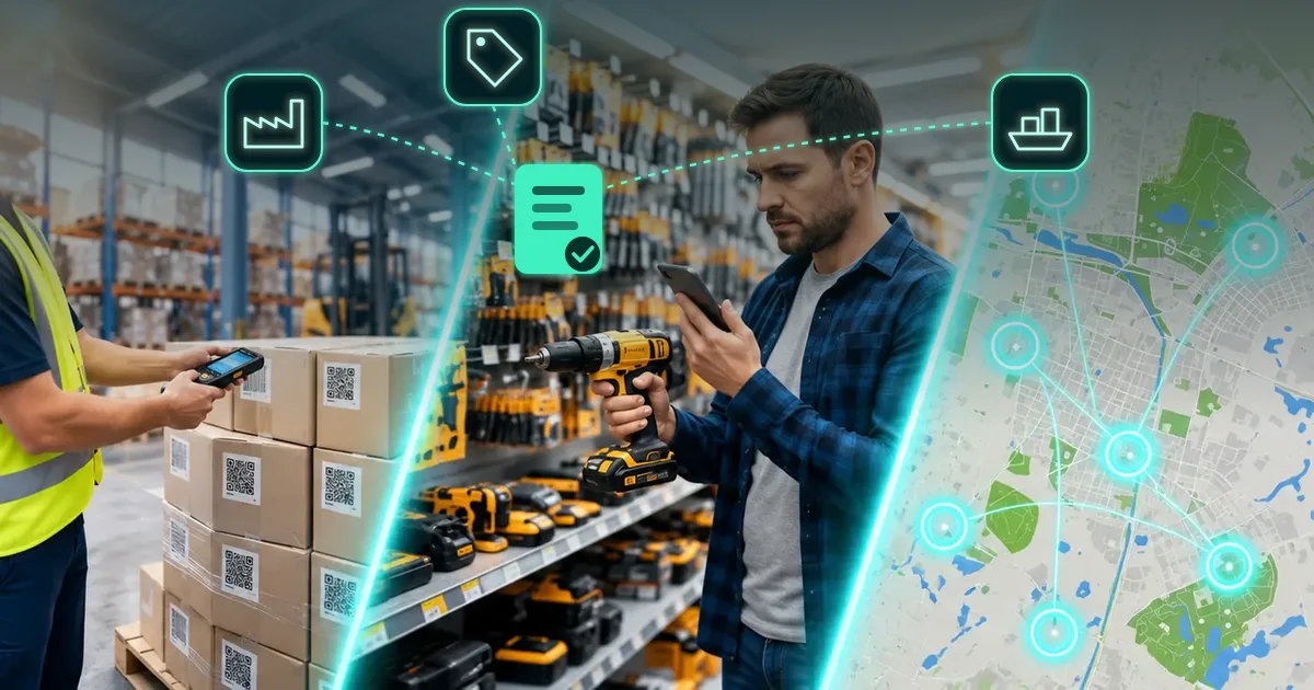 Warehouse scan, retail shelf and route map linked to factory, brand and import icons that all point to one digital product passport