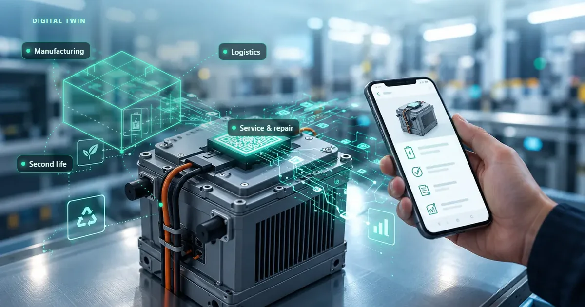 Battery module with a glowing digital twin linked to manufacturing, logistics, service and second-life data, and a phone showing its passport