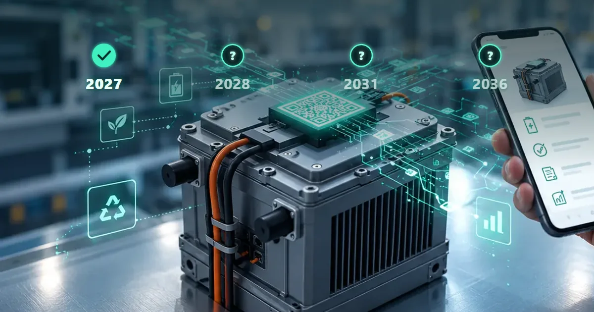 Industrial battery module with a QR code under a timeline: 2027 confirmed, with open questions marked for 2028, 2031 and 2036