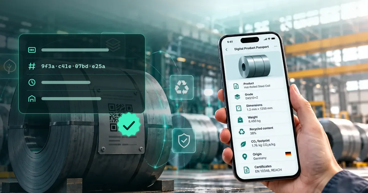 Steel coil with a QR code plate, a registration record showing an identifier, hash and timestamp with a verification seal, and a phone showing the product passport