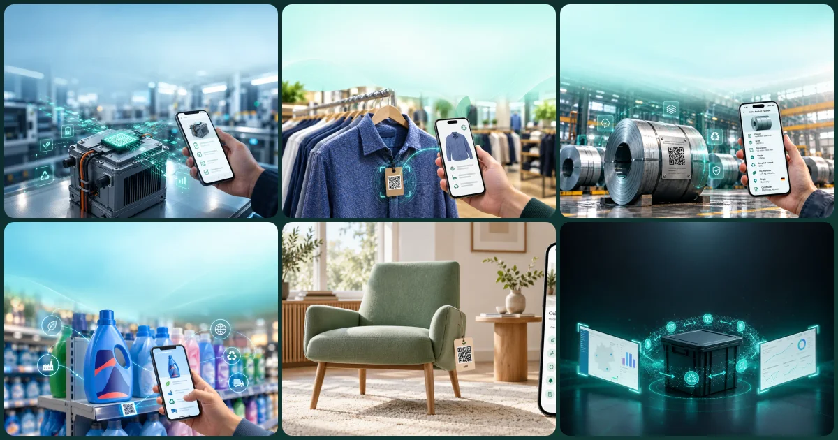 Six product sectors with digital product passports: an industrial battery, a shirt, steel coils, detergent bottles, a lounge chair and a reusable crate