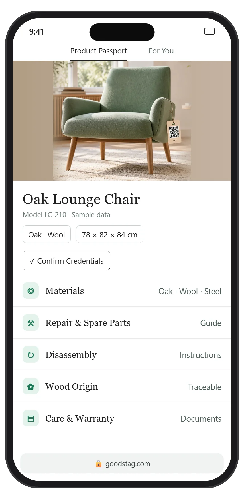 Example of a furniture Digital Product Passport on a smartphone, with sample data