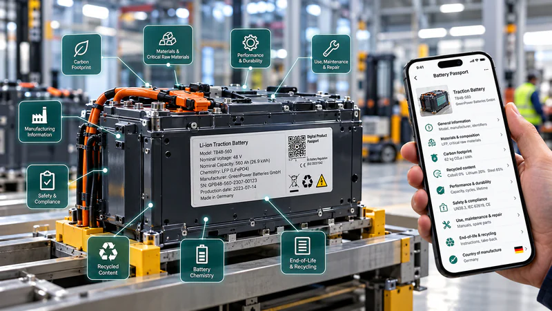 Battery pack with a glowing QR code on a factory table, and a smartphone showing its battery passport