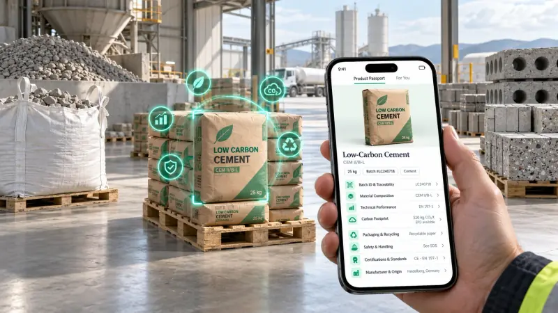 Bagged low-carbon cement at a cement plant, with a smartphone showing its digital product passport
