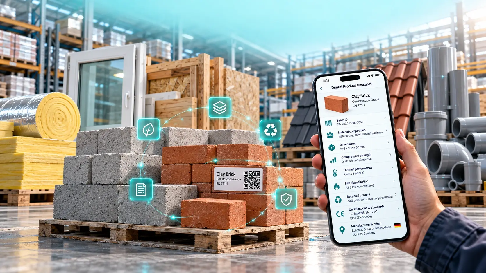 Pallet of clay bricks with a QR code label in a building materials warehouse, next to a smartphone showing the bricks’ Digital Product Passport