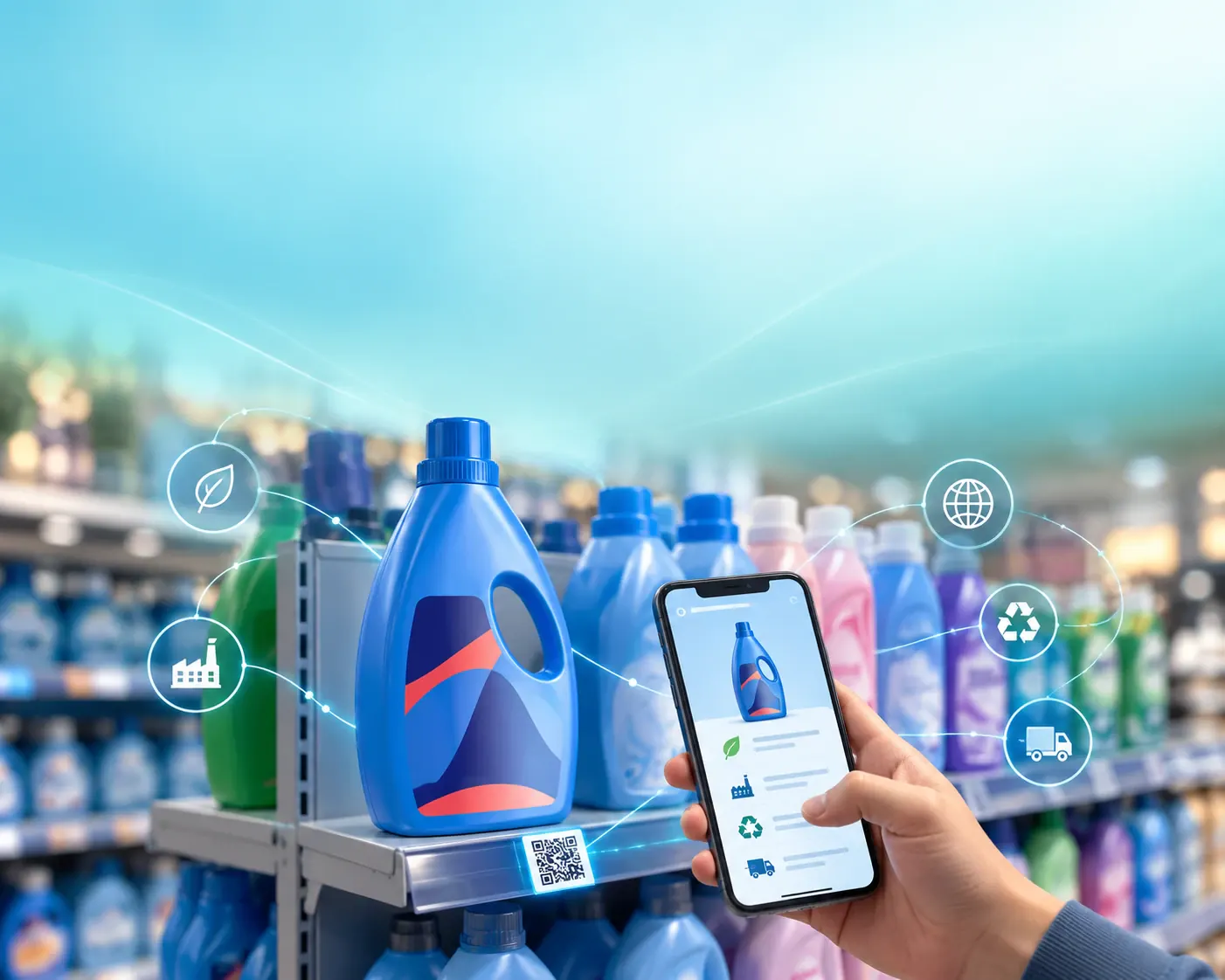 Flacons de détergent sur un rayon de magasin avec un QR code sur le bord de l’étagère, et un smartphone affichant le passeport produit