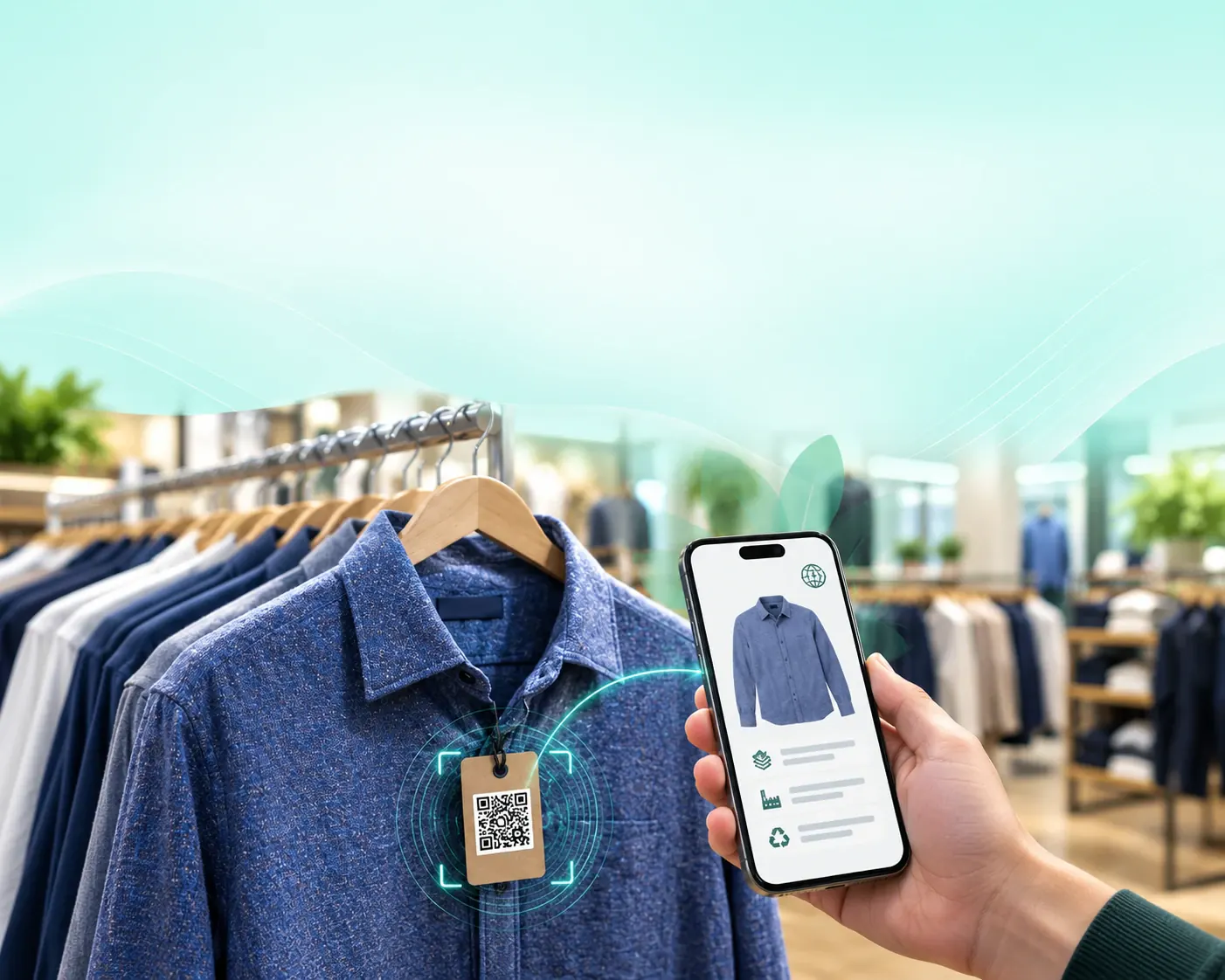 Chemise bleue sur un portant en magasin avec une étiquette QR code, et un smartphone affichant son passeport numérique de produit