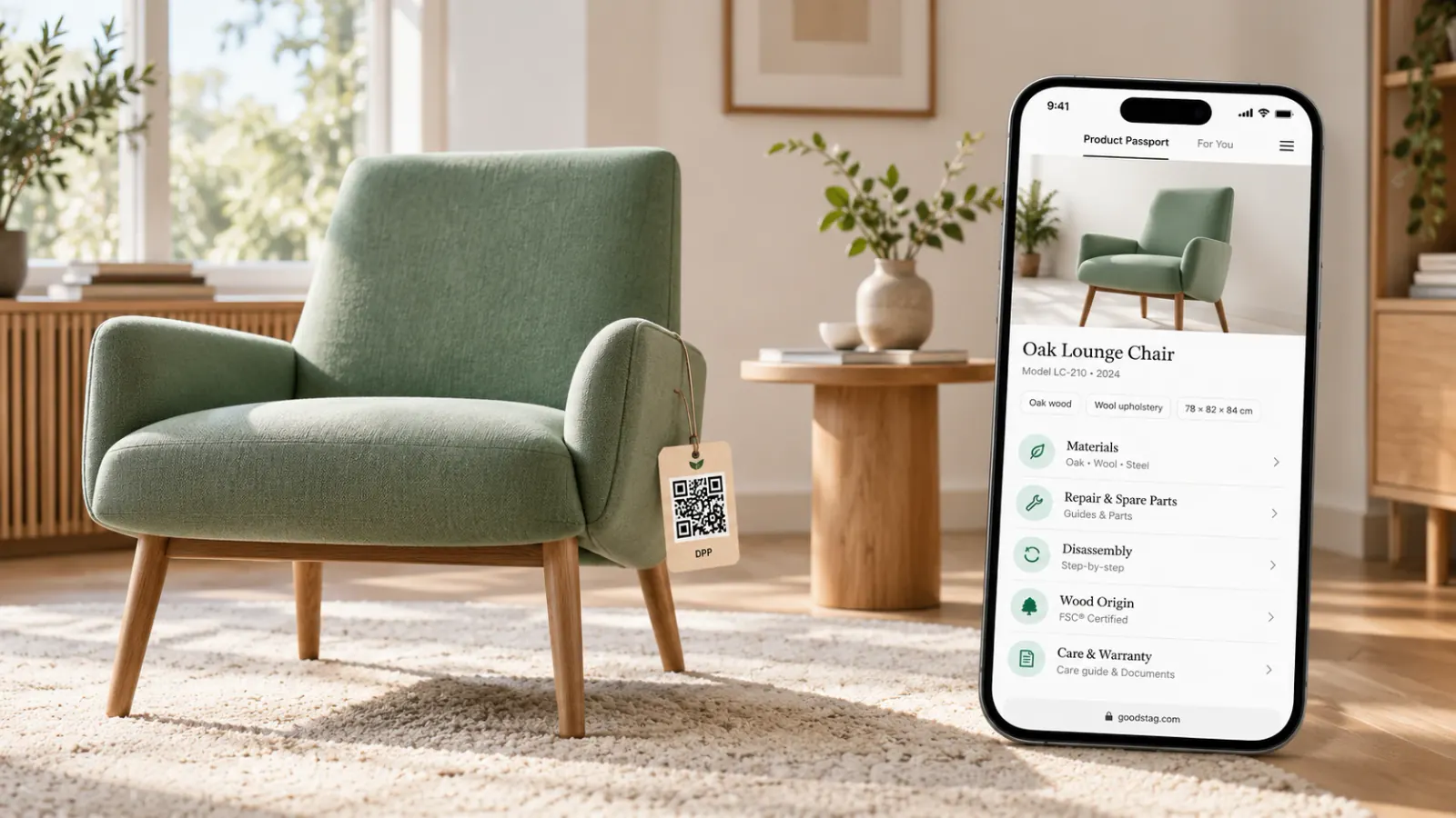 Green lounge chair with a QR code DPP tag in a bright living room, next to a smartphone showing the chair’s Digital Product Passport