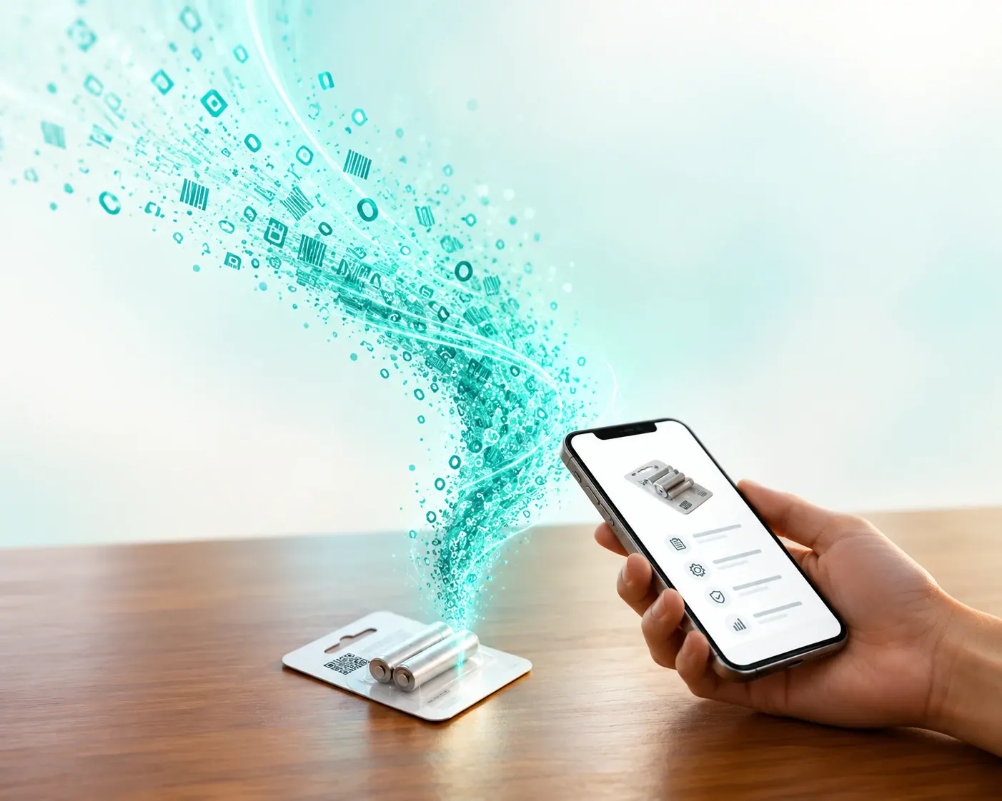 Blister de piles dont le QR code envoie un flux de données vers un smartphone affichant les informations produit