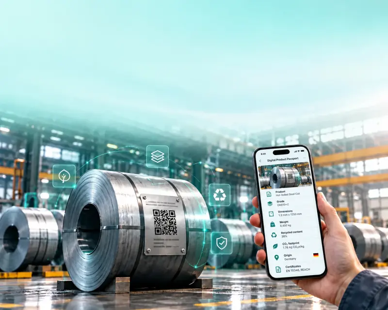 Steel coils in a production hall, with a smartphone showing the coil’s digital product passport