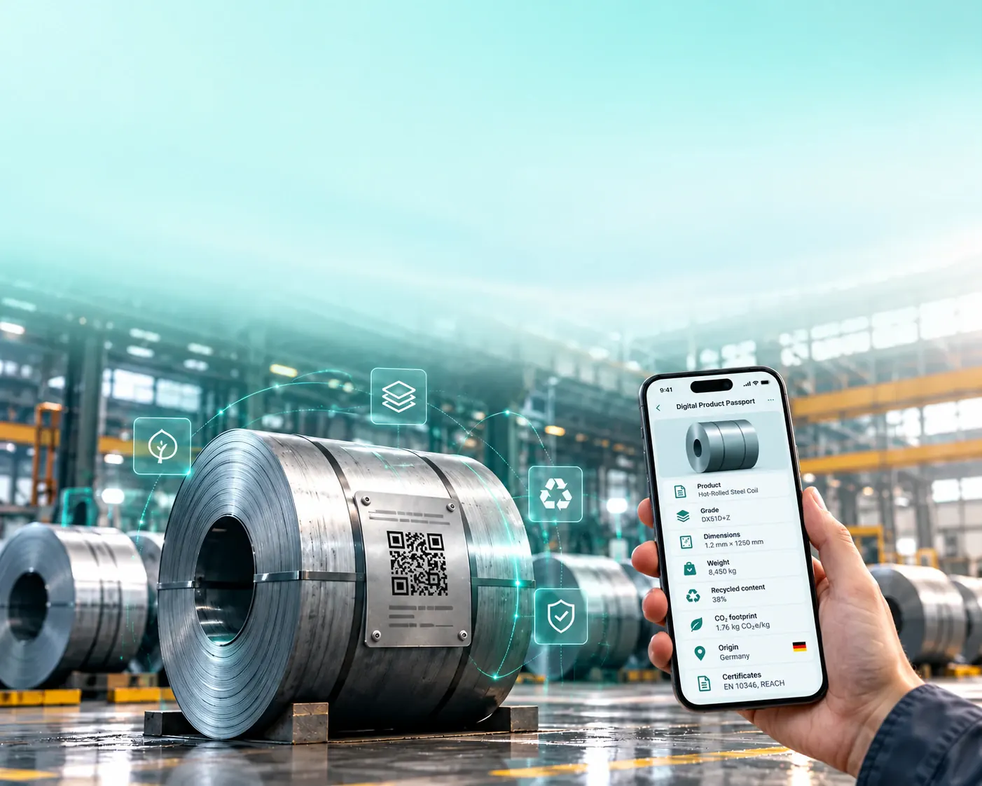 Steel coil with a QR code plate in a steel plant, and a smartphone showing its digital product passport