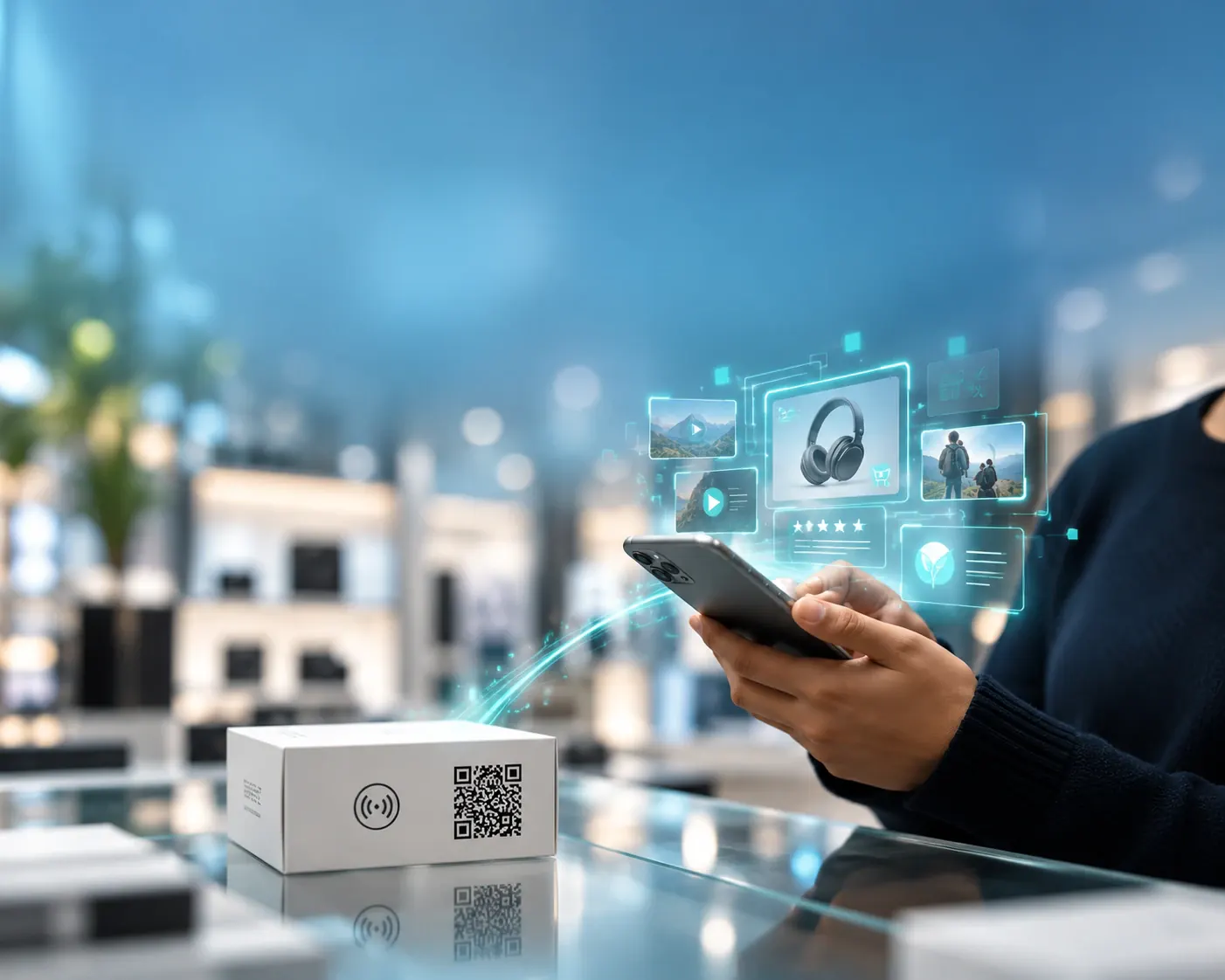 Client scannant une boîte produit dotée d’un QR code et d’une puce NFC, faisant apparaître vidéos, avis et contenus de durabilité