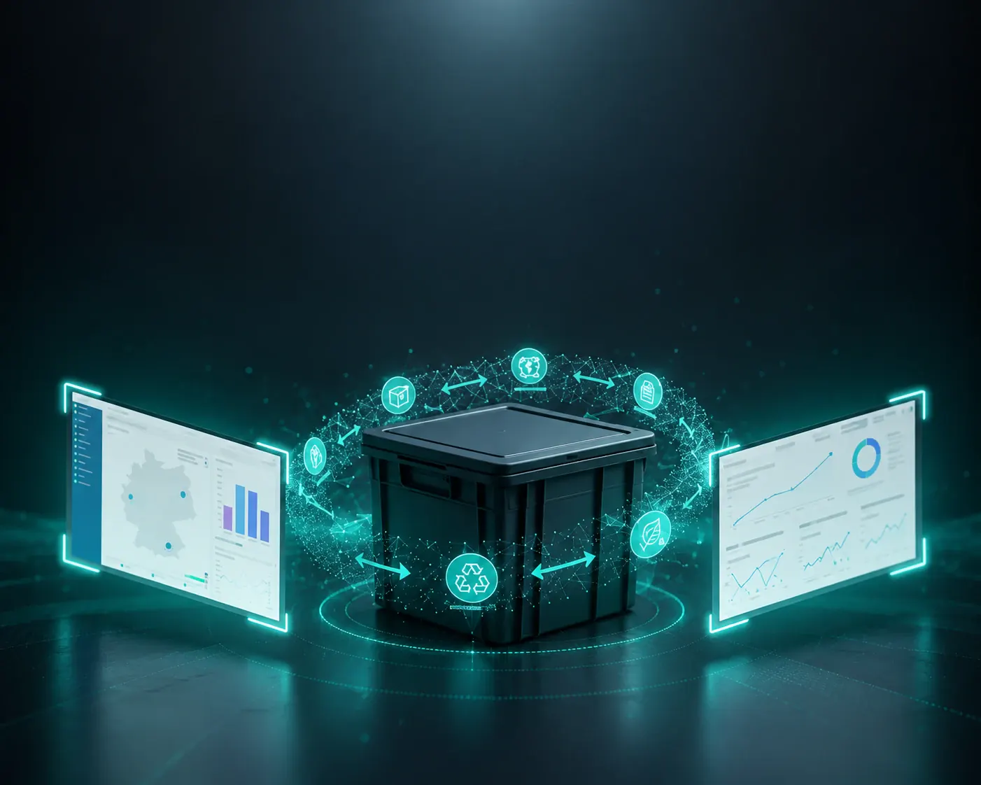 Reusable crate surrounded by circular data flows and two analytics dashboards