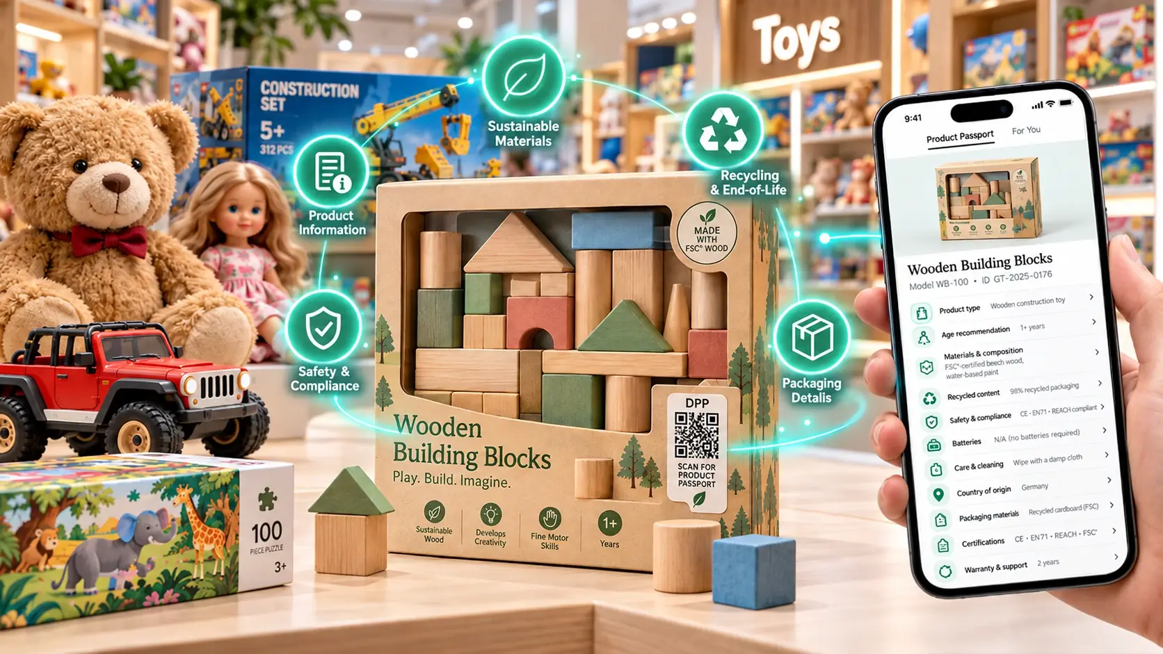 Wooden building blocks with a QR code in a toy shop, next to a smartphone showing the toy’s Digital Product Passport