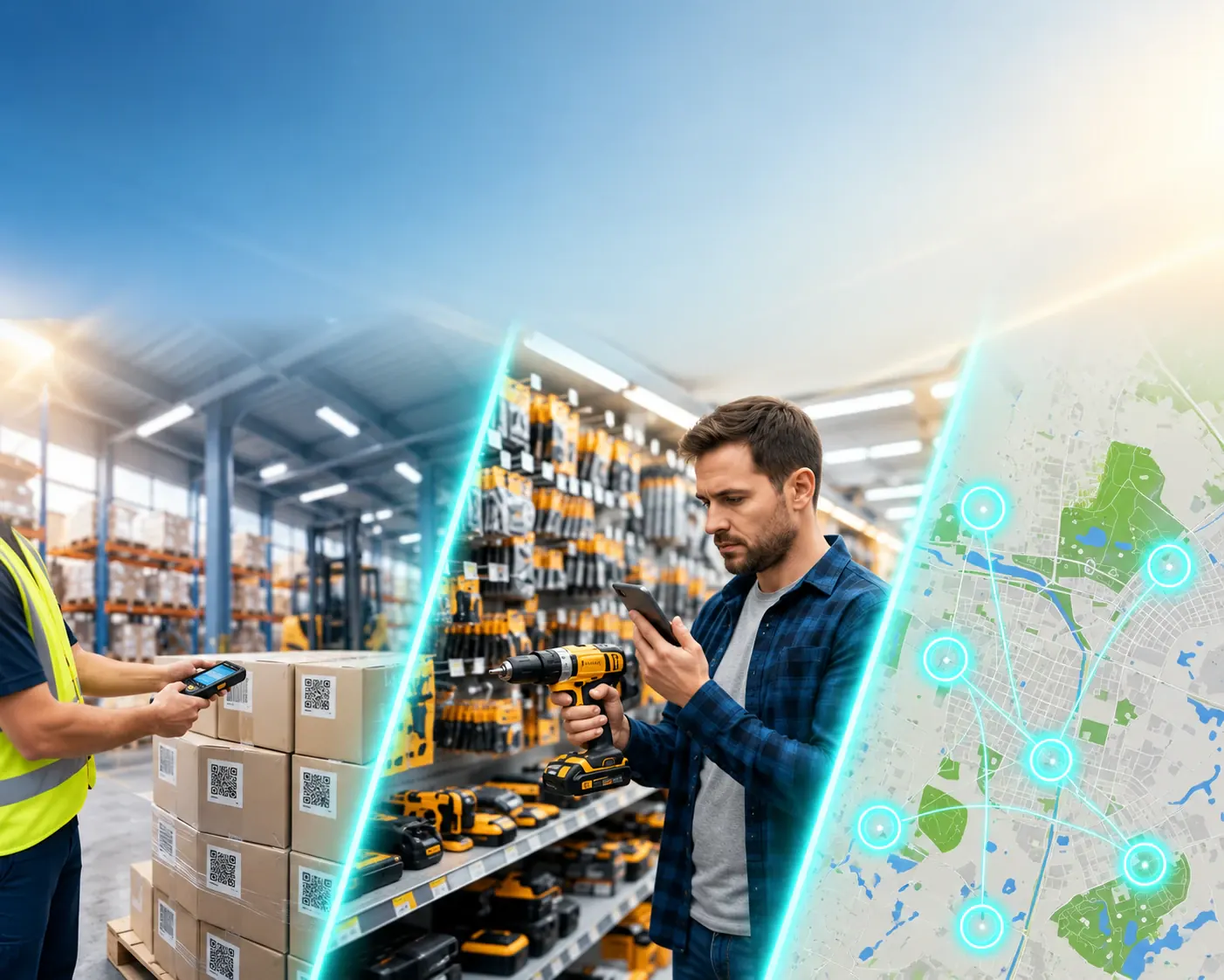 Magasinier scannant des cartons, cliente examinant une perceuse en magasin et carte de sites connectés