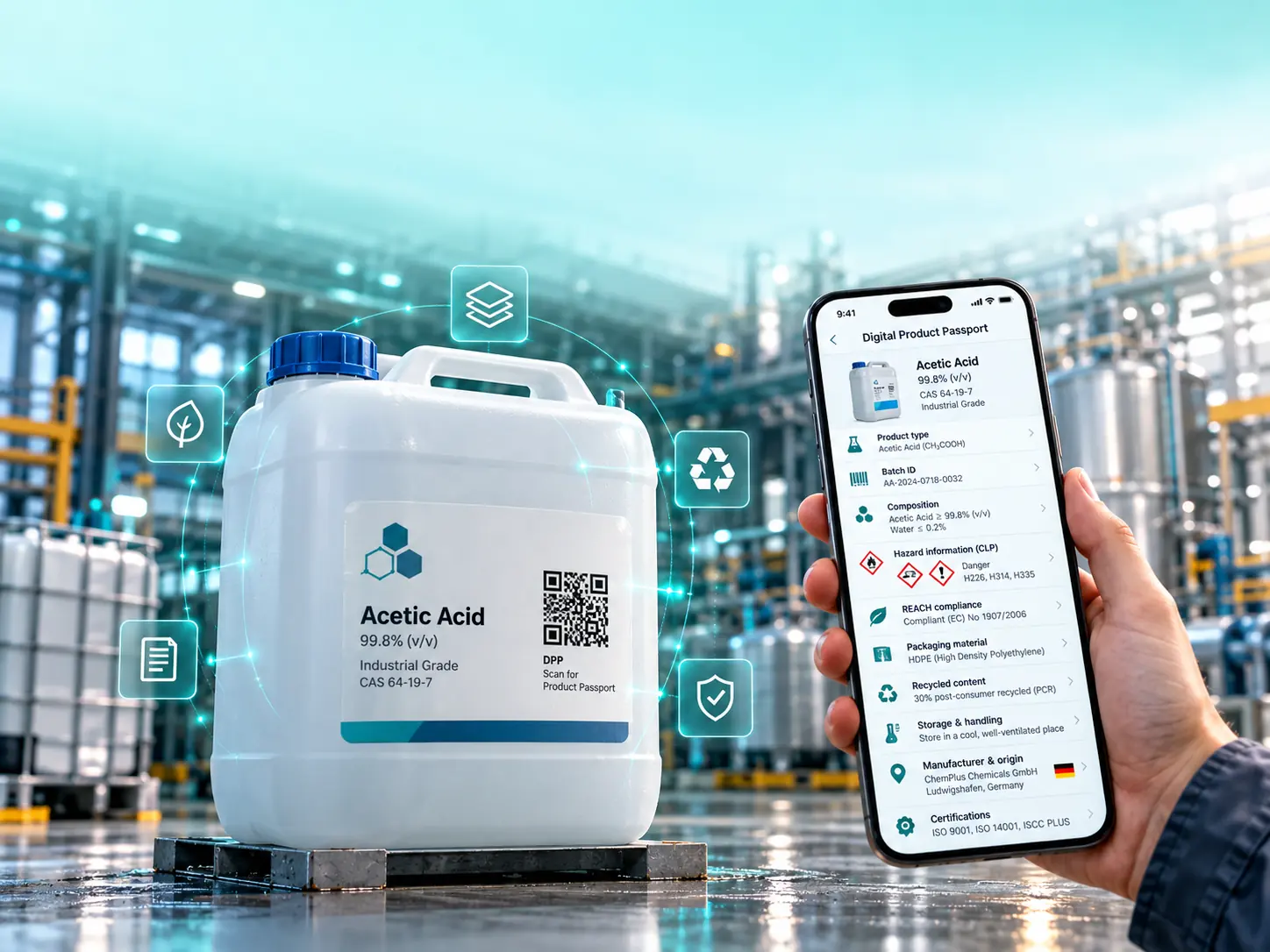Acetic acid canister with a QR code label in a chemical plant, next to a smartphone showing its Digital Product Passport