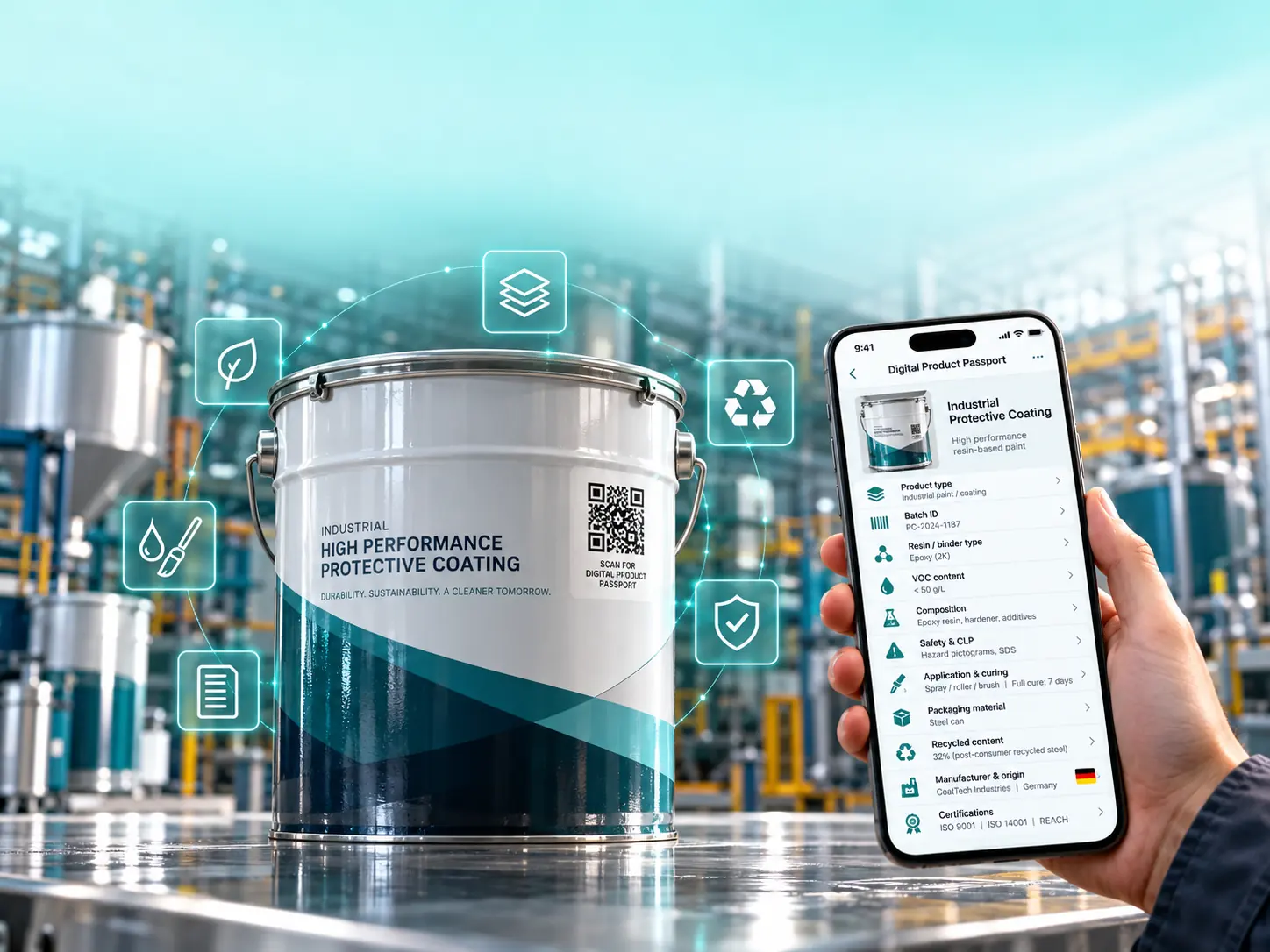 Protective coating can with a QR code label in a plant, next to a smartphone showing its Digital Product Passport