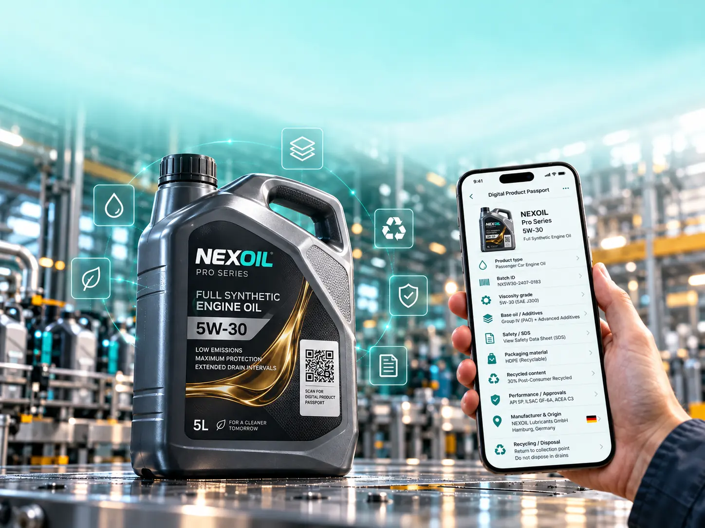 Engine oil canister with a QR code label in a production hall, next to a smartphone showing its Digital Product Passport