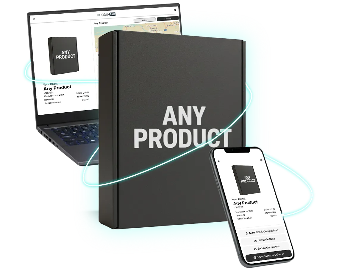 Black product box labeled ANY PRODUCT between a laptop and smartphone showing its Digital Product Passport.