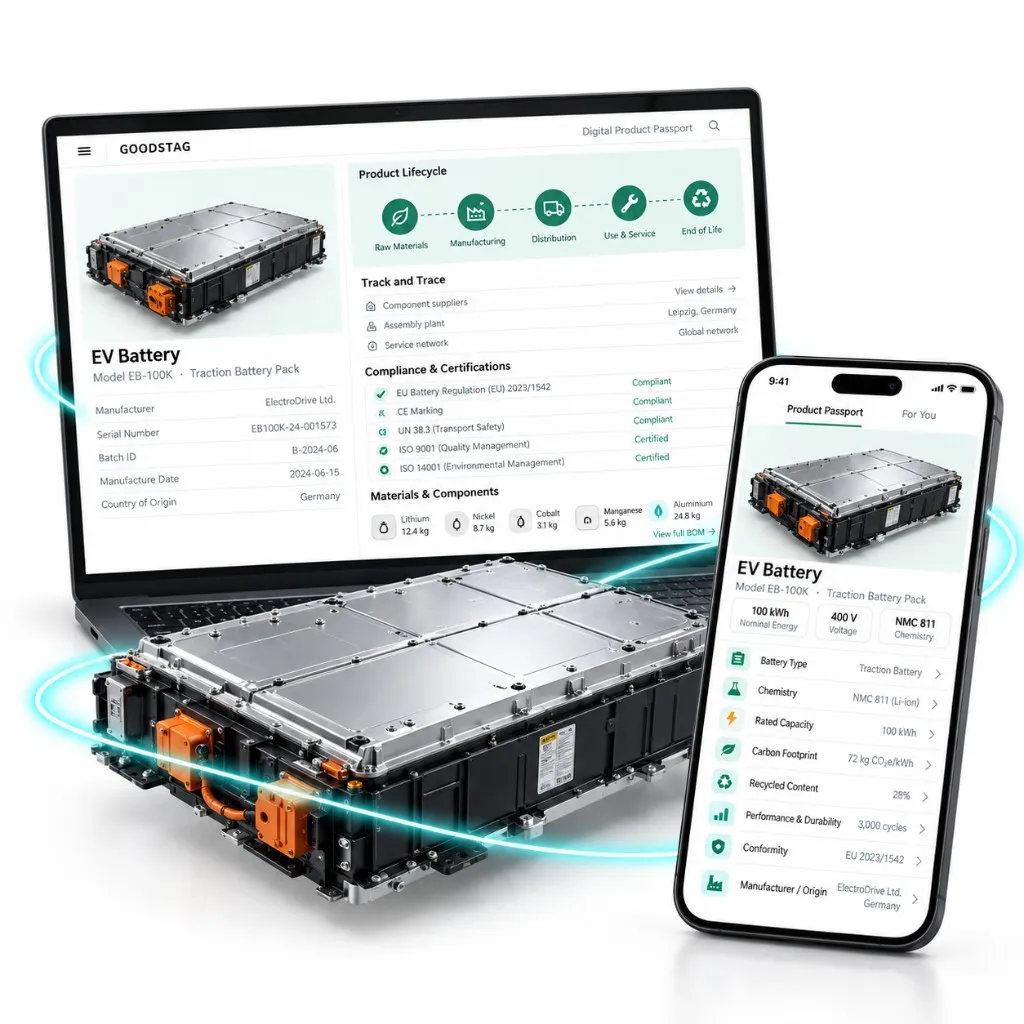 EV battery pack with laptop and smartphone showing its Digital Product Passport.