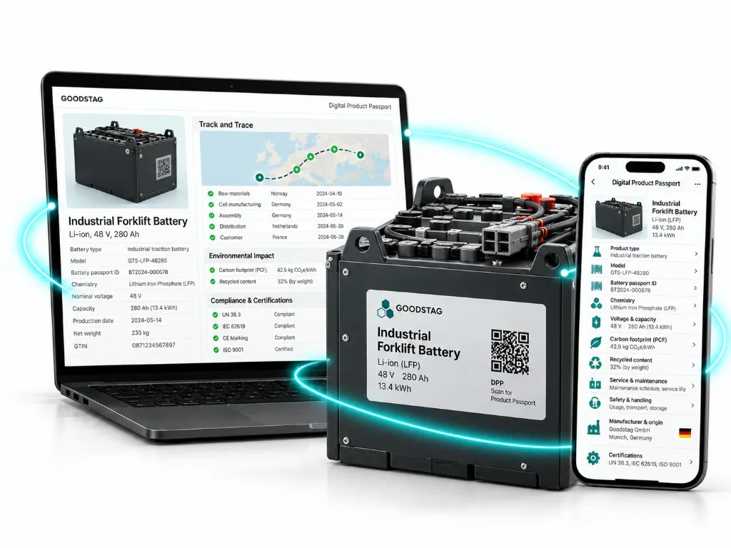 Industrial forklift battery with QR code beside laptop and phone Digital Product Passport screens.