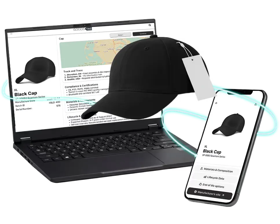 Black baseball cap with a tag between a laptop and smartphone showing product passport details.