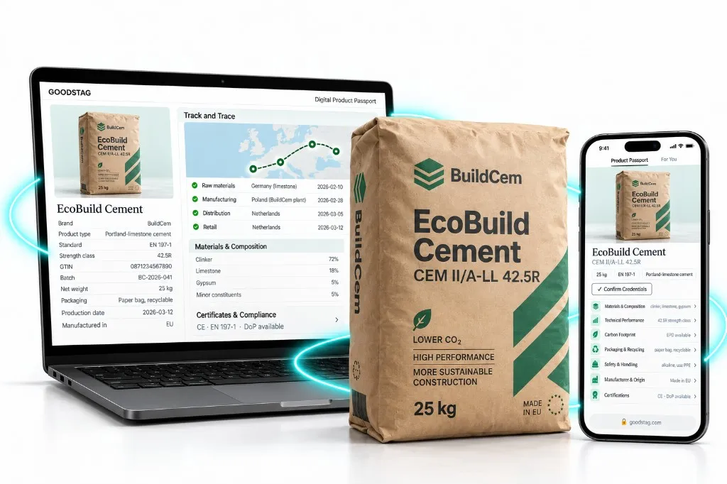 Cement bag with laptop and smartphone showing a cement Digital Product Passport.