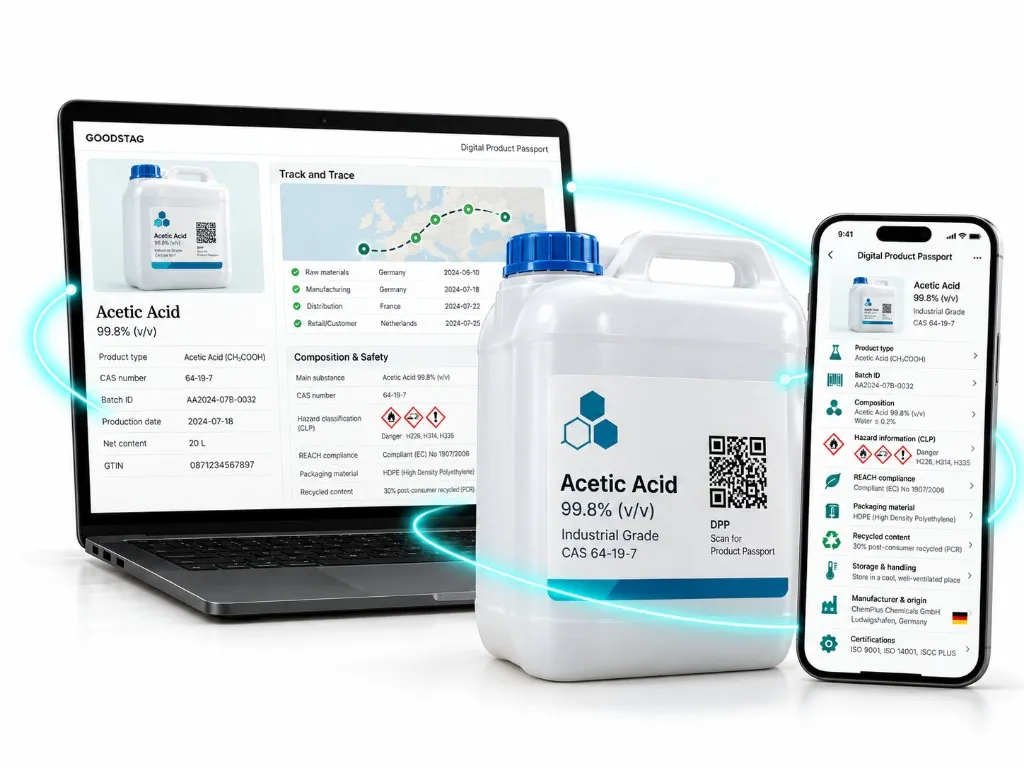 Acetic acid jug with laptop and phone showing a chemicals Digital Product Passport.