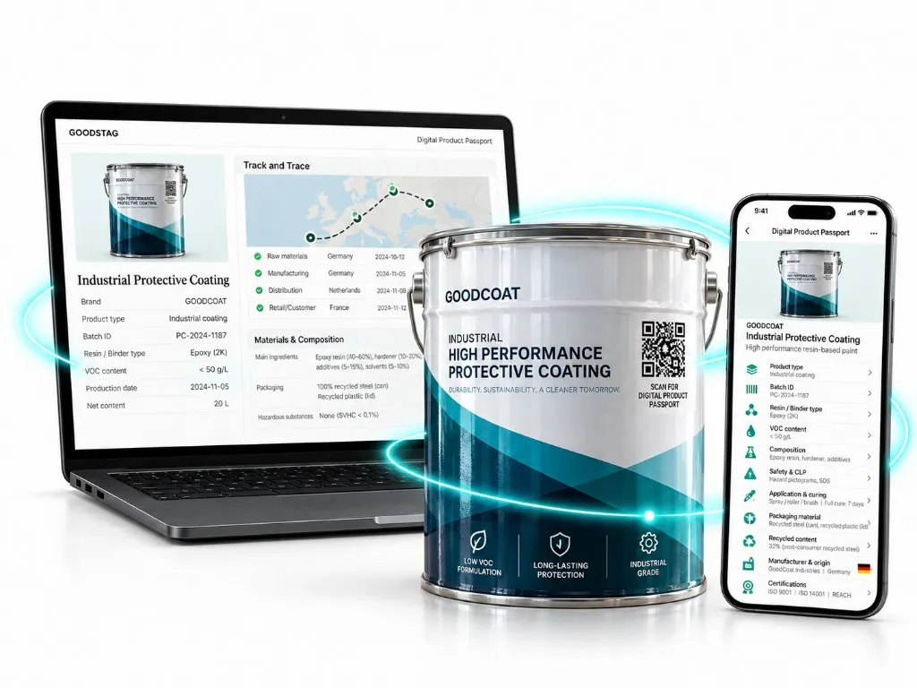 Industrial coating can with laptop and phone showing a chemicals Digital Product Passport.