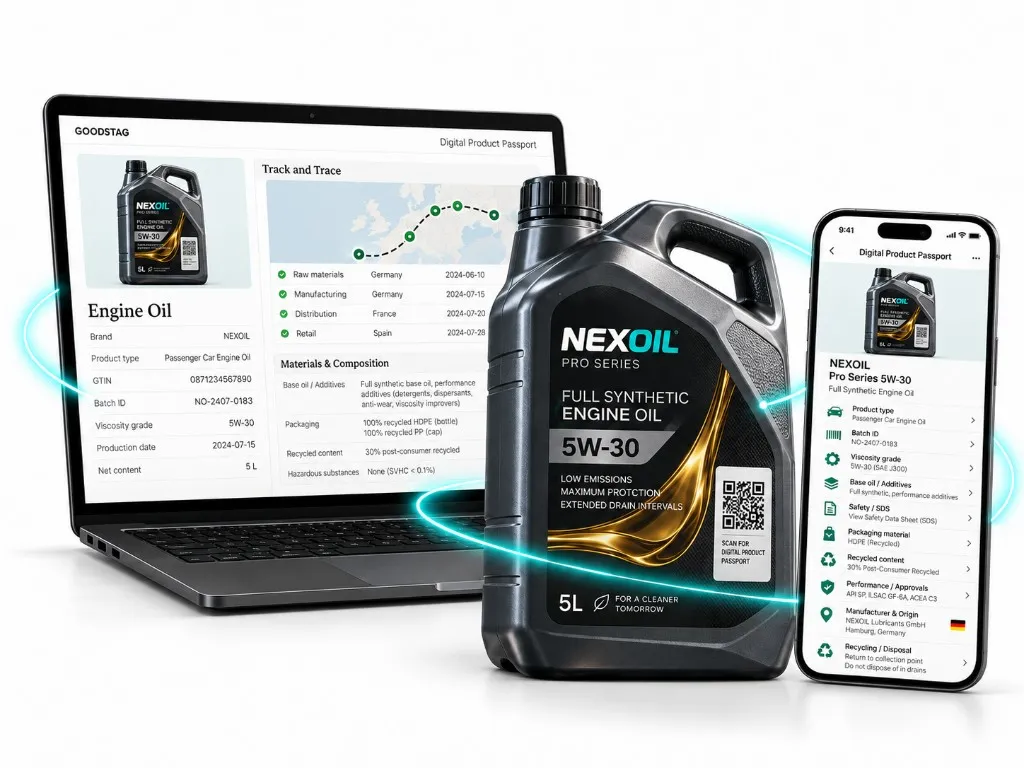 Engine oil jug with laptop and phone showing a chemicals Digital Product Passport.