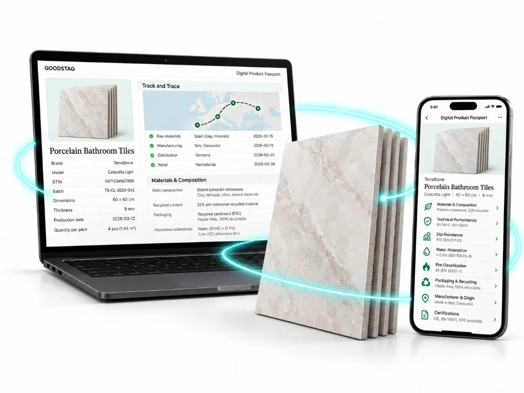 Porcelain bathroom tiles with laptop and phone showing a construction Digital Product Passport.