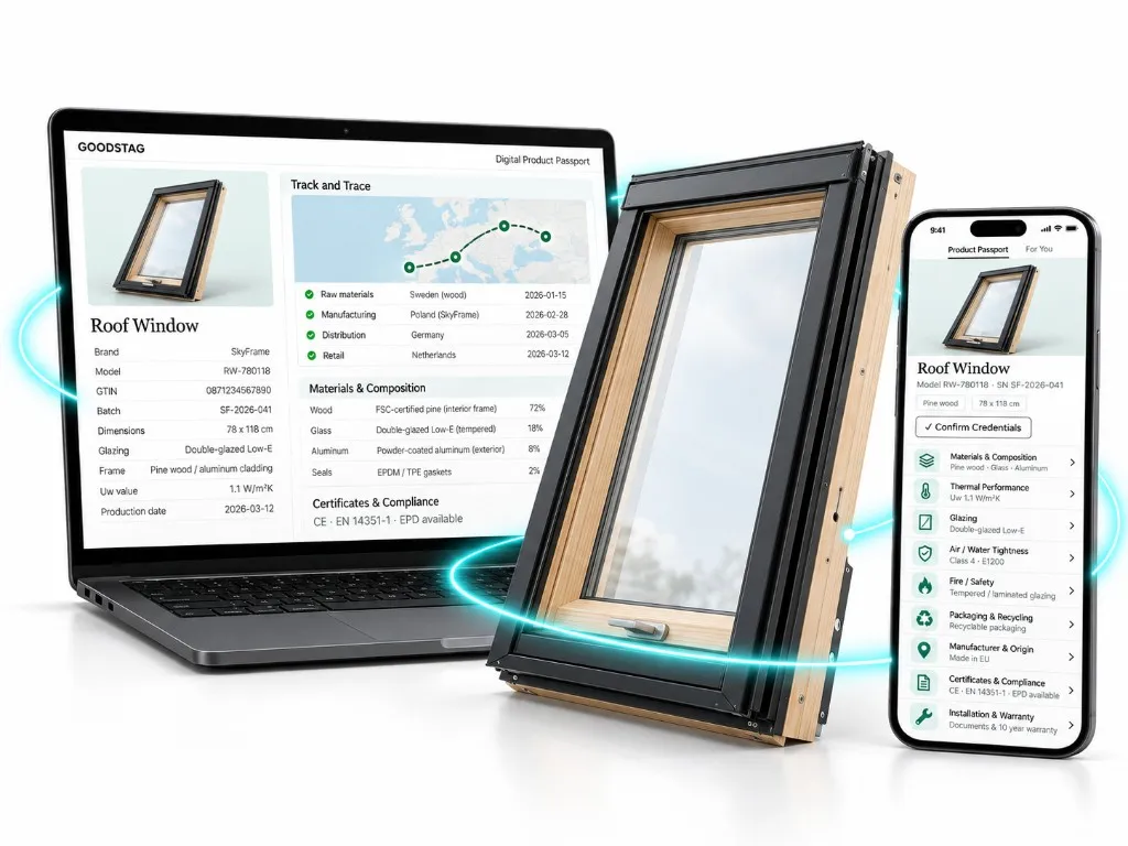 Roof window sample with laptop and phone showing a construction Digital Product Passport.