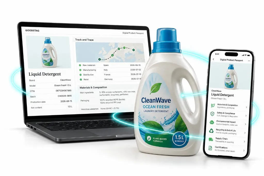 Laundry detergent bottle with laptop and phone showing a detergents Digital Product Passport.