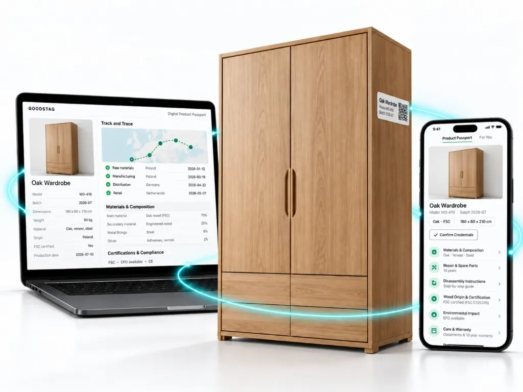 Oak wardrobe with QR label between laptop and phone showing a furniture Digital Product Passport.