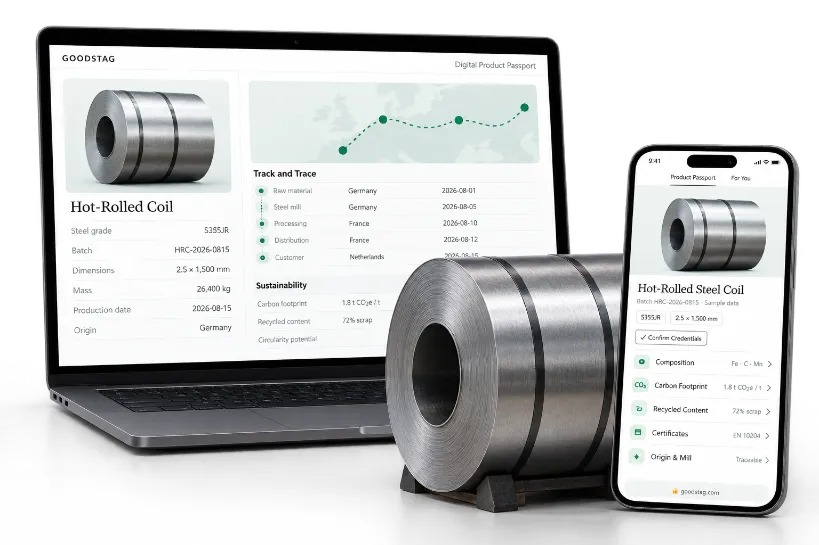 Hot-rolled steel coil with laptop and phone showing an iron and steel Digital Product Passport.