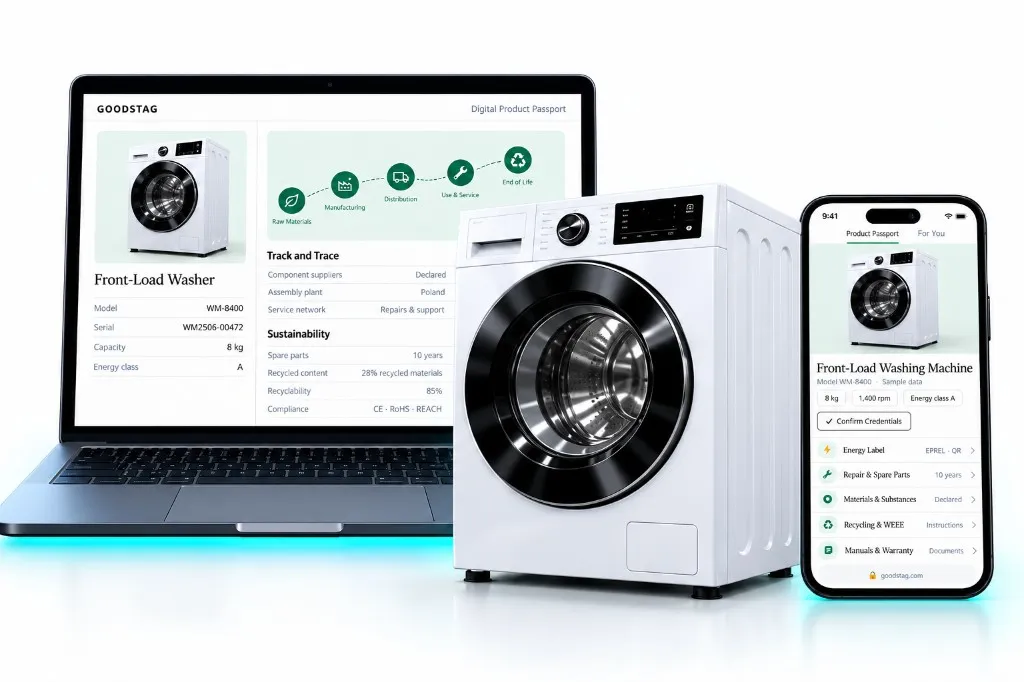 Front-load washing machine with laptop and phone showing its Digital Product Passport.