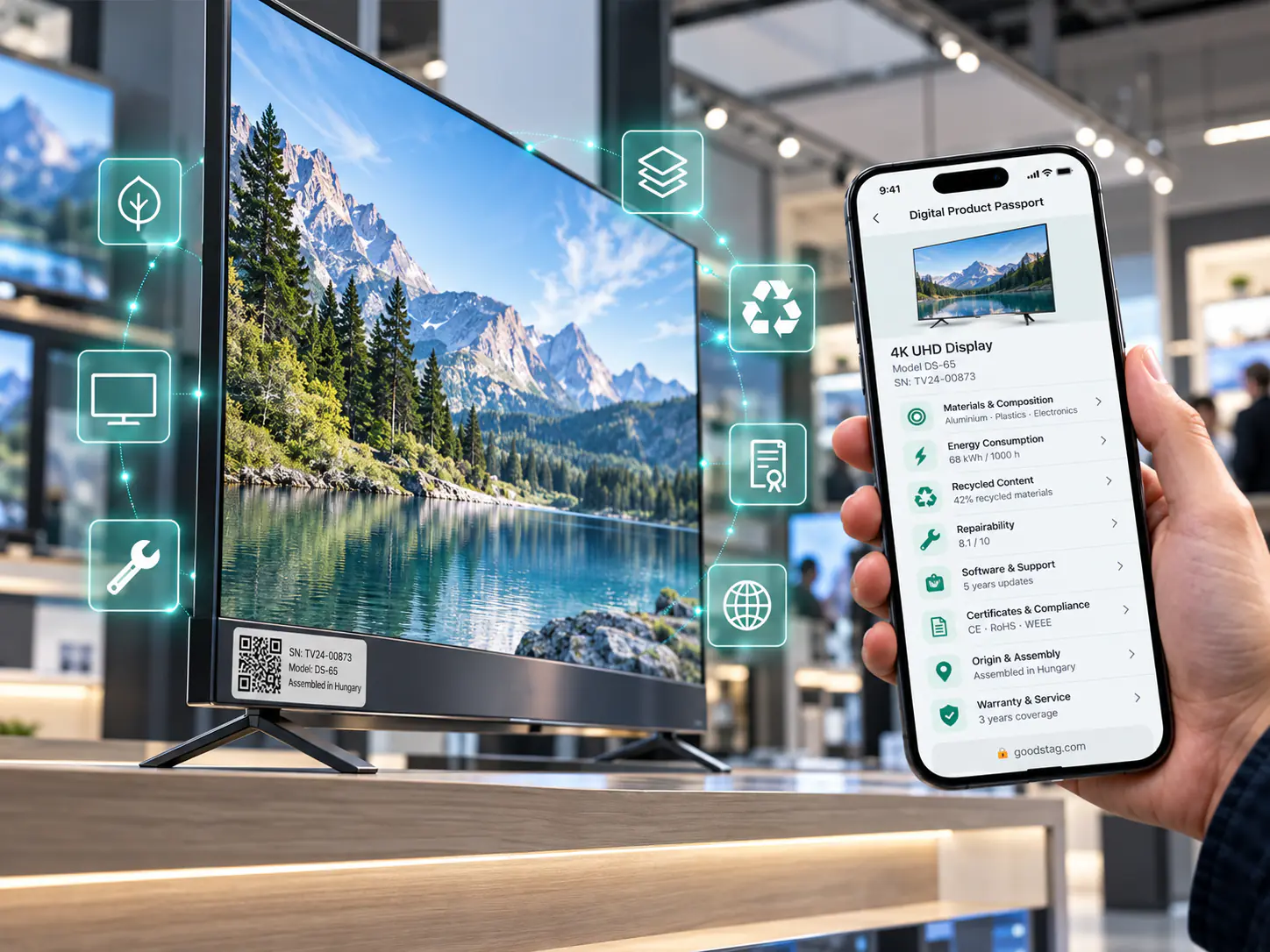 Large display with a QR code label in a store, next to a smartphone showing its Digital Product Passport